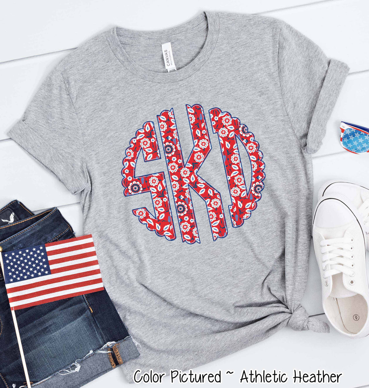 Big Monogram Patriotic Scallop Floral Tee