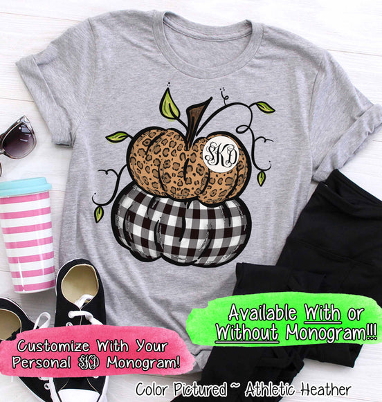 Leopard & Black Plaid Stacked Monogram Pumpkins Tee