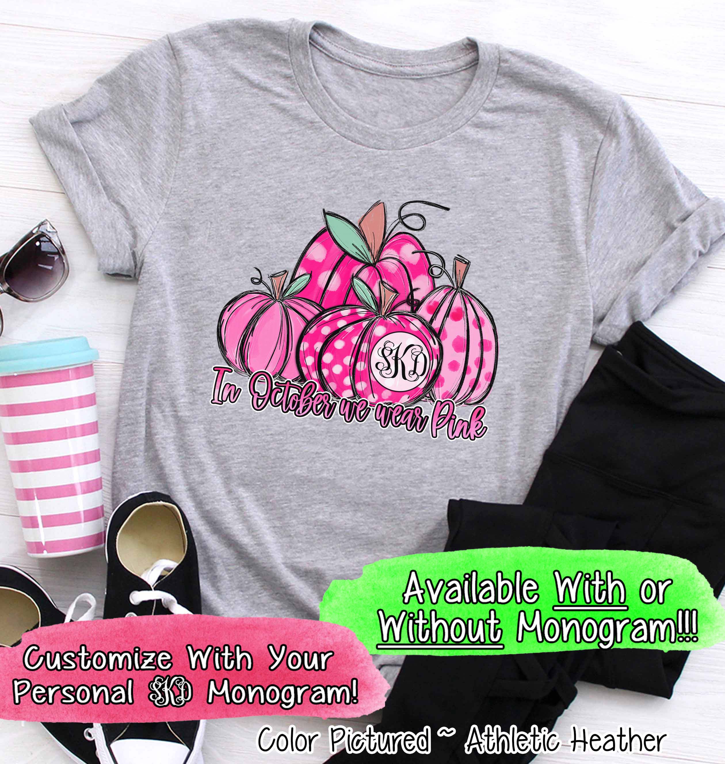 Pink Monogrammed Pumpkins ~ In October We Wear Pink ~ Breast Cancer Awareness Tee