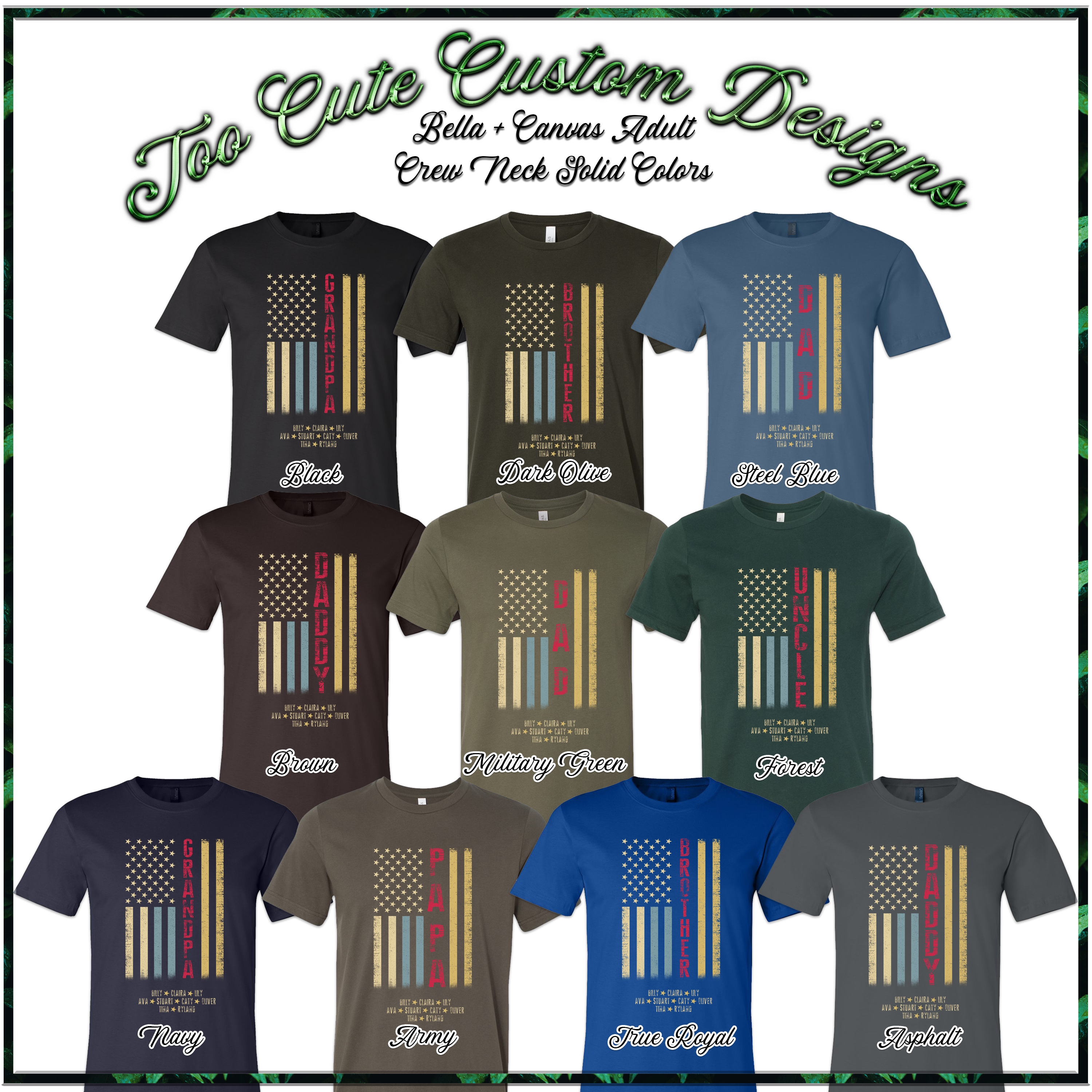 Custom Faded Patriotic Flag ~ Dad-Grandpa-Brother-Etc. Distressed Cream, Blue, Khaki Flag Tee