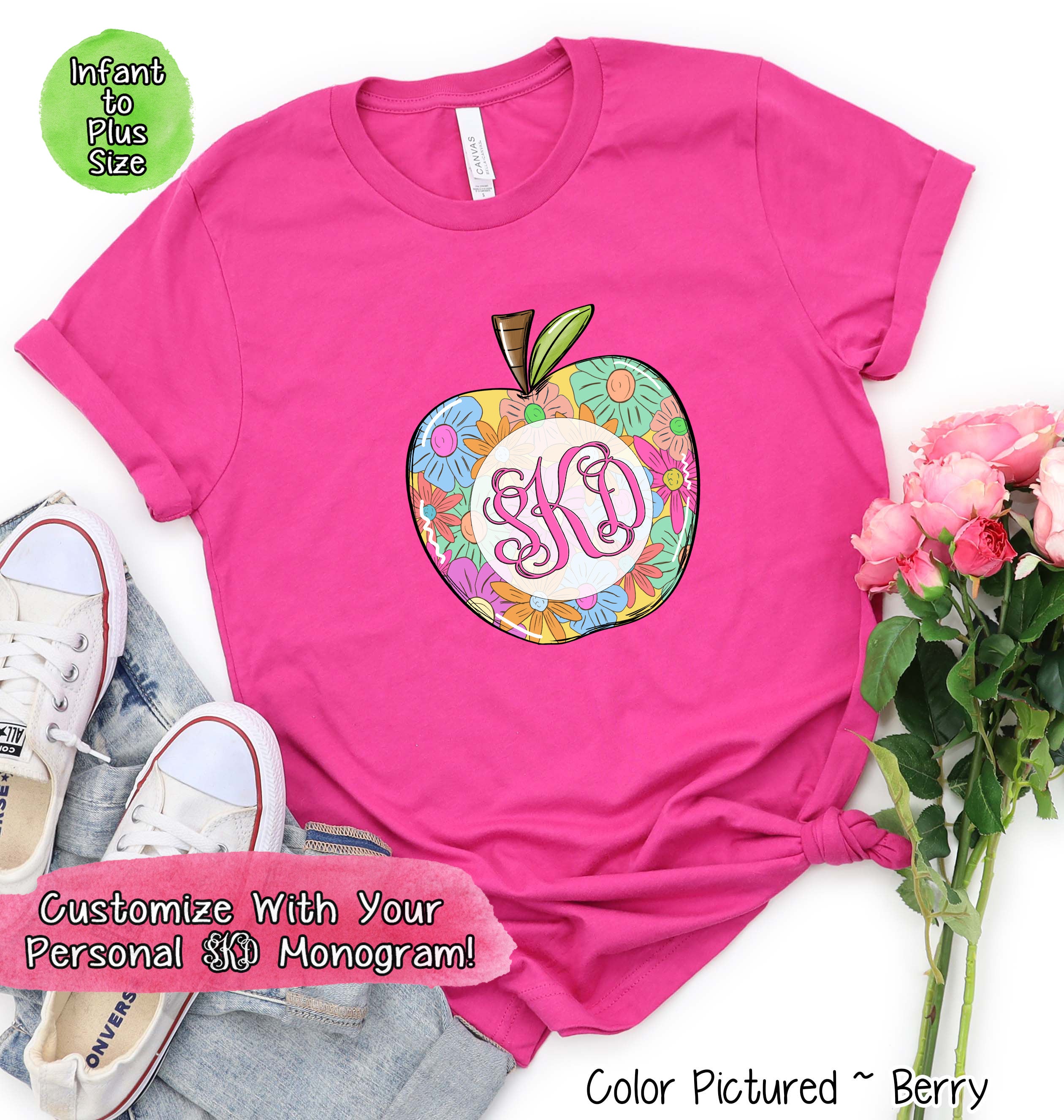 Monogram Floral Apple Back To School Tee