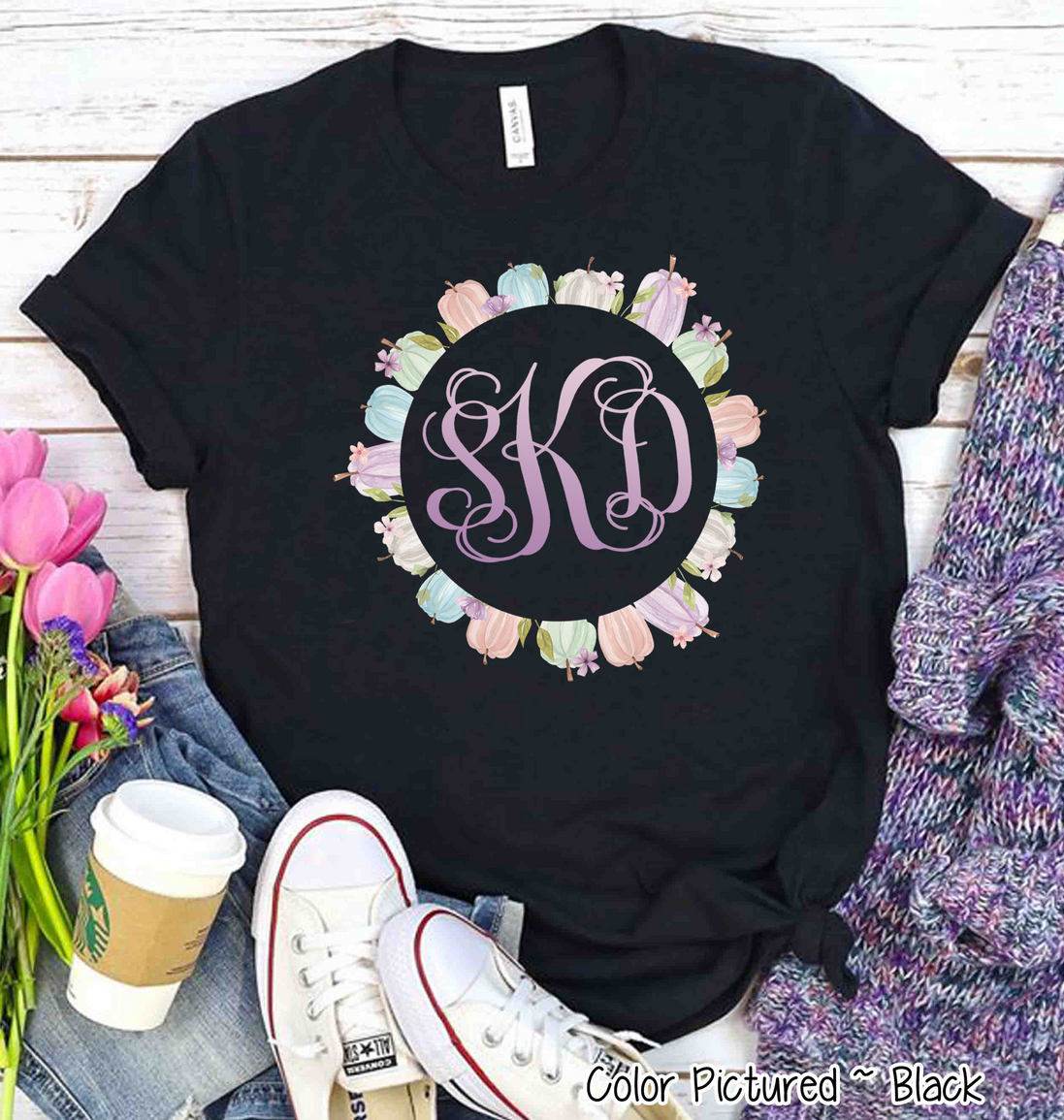 Monogram Pastel Pumkin Wreath Tee