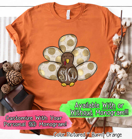 Fall Monogram Turkey with White & Gold Dots Tail Tee