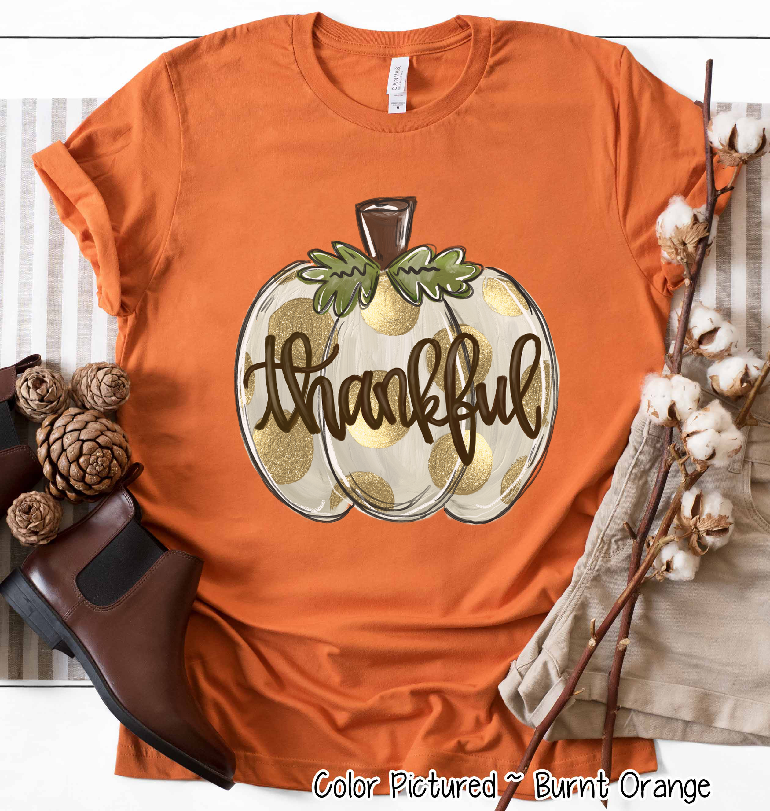 Fall Thankful White Pumkin with Gold Dots Tee