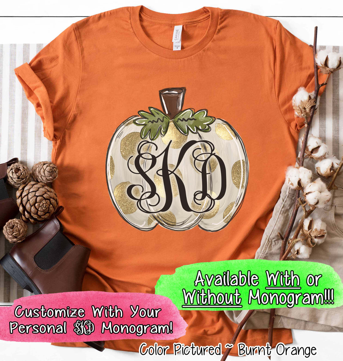 Fall Monogram White Pumpkin with Gold Dots Tee