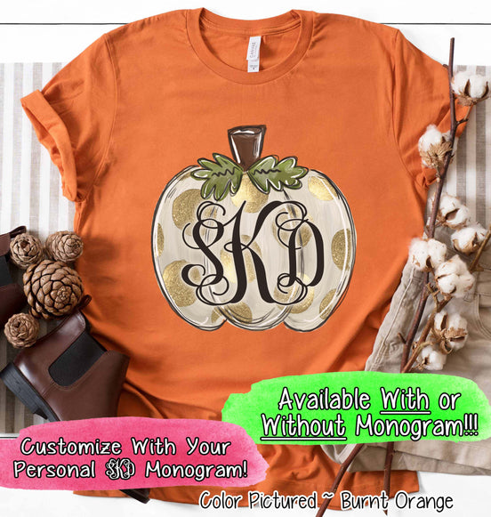 Fall Monogram White Pumpkin with Gold Dots Tee