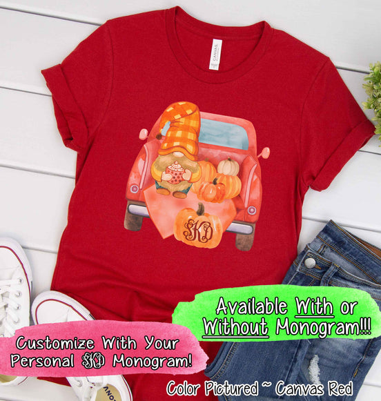Fall Gnome Truck & Pumpkins Monogram Tee