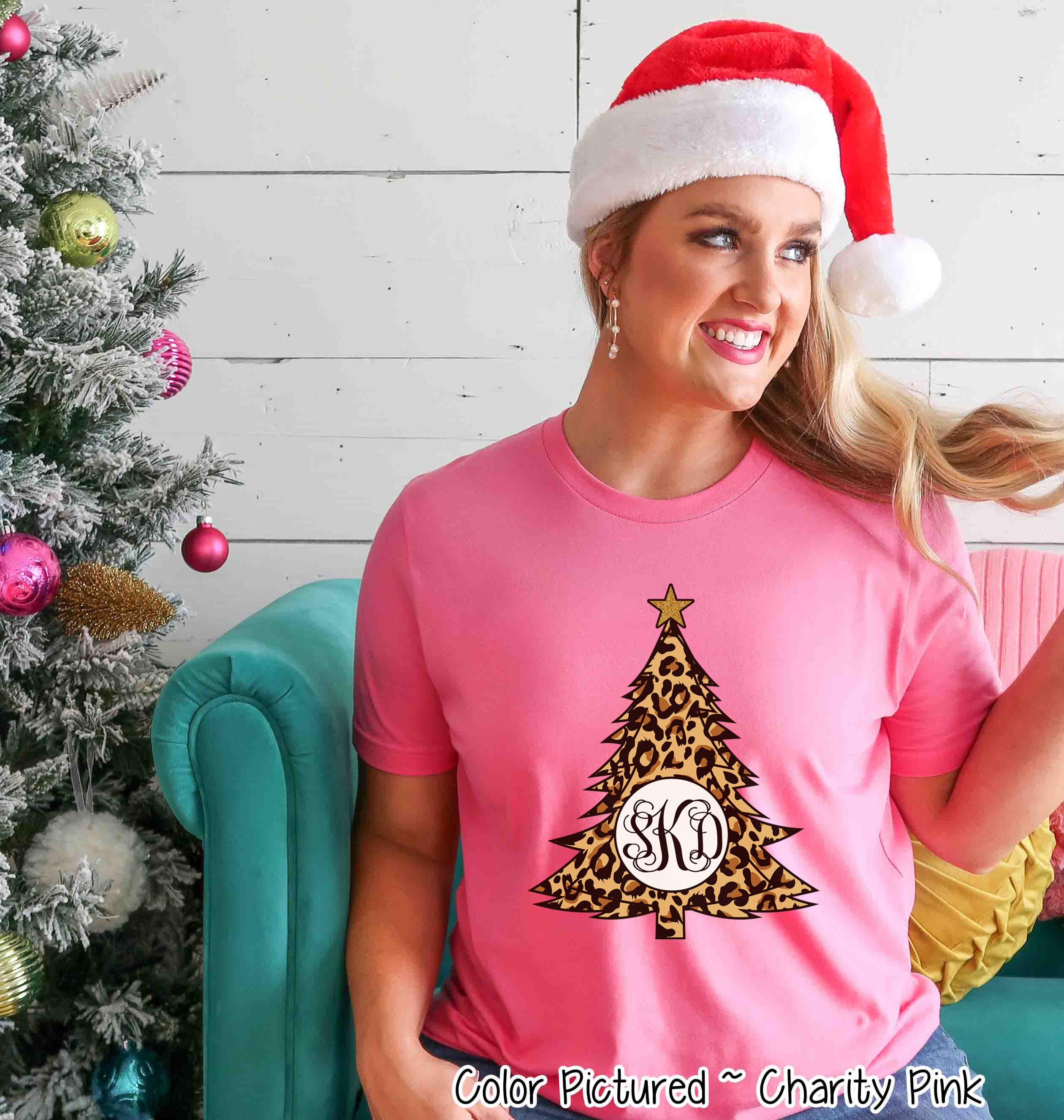 Monogrammed Leopard Print Christmas Tee