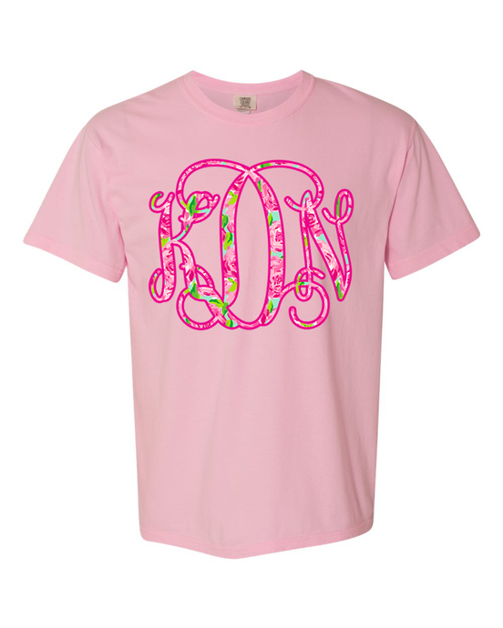 Lilly Inspired Preppy Rose Print BIG Monogram Tee - Too Cute Custom Designs