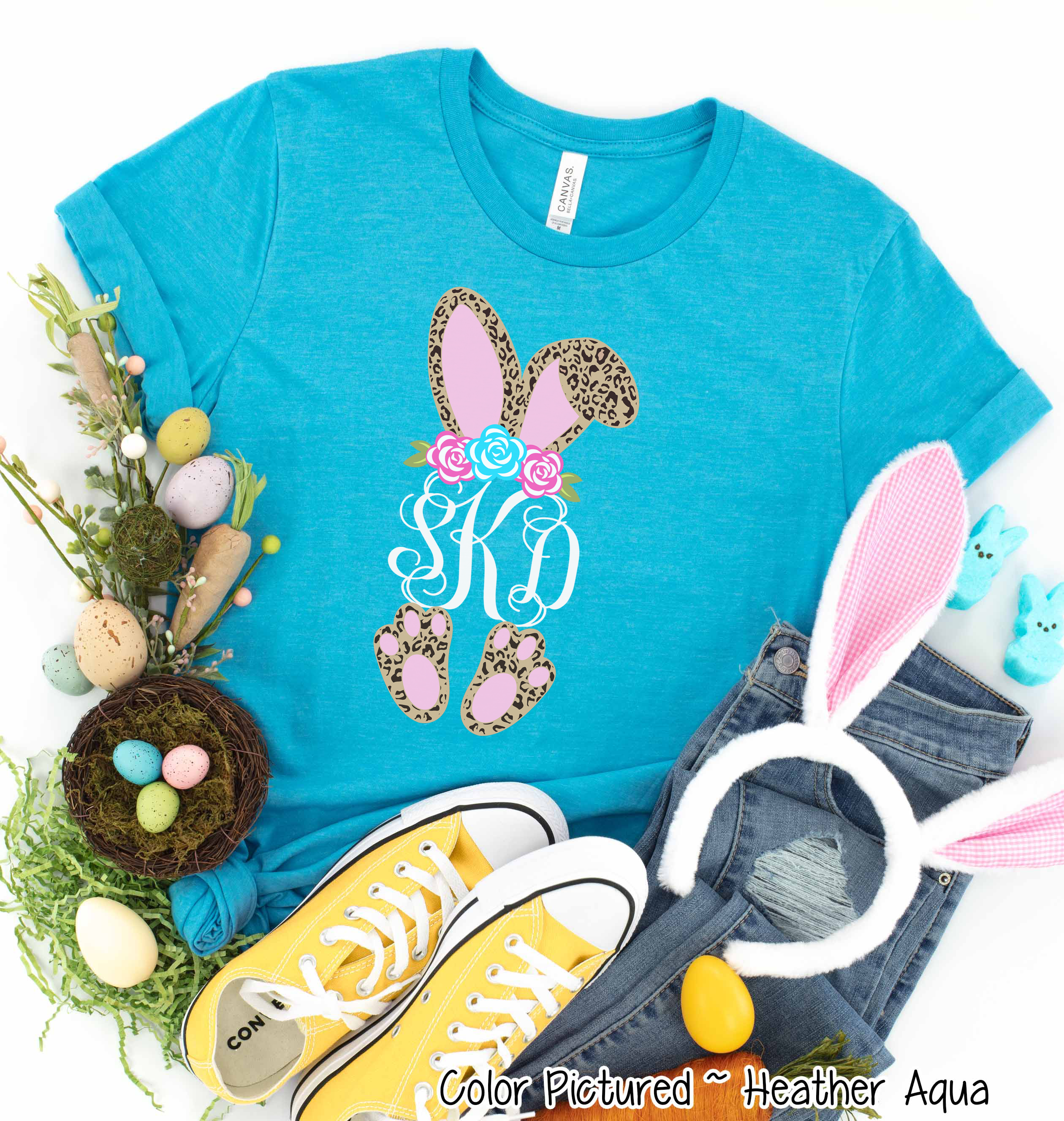 Monogram Cheetah Leopard Print Bunny Ears Easter Tee