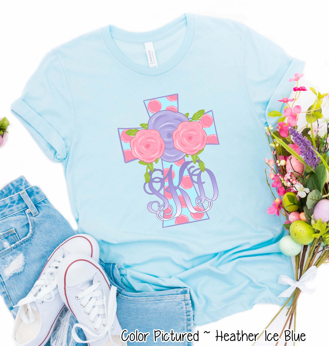 Monogram Pink Polka Dot Easter Cross Tee