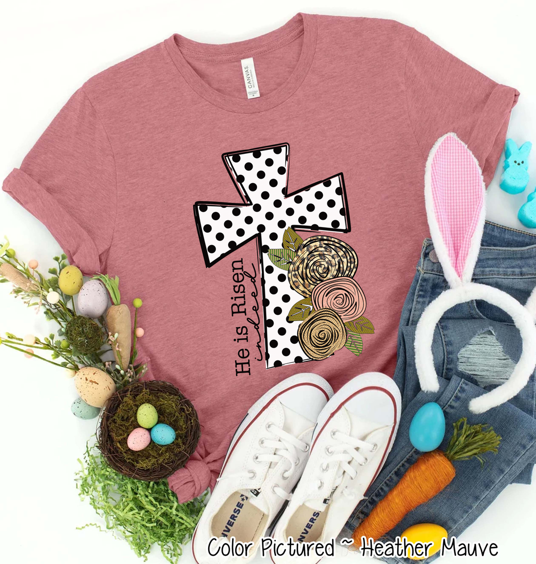 He Is Risen Black Dot Cross Easter Tee