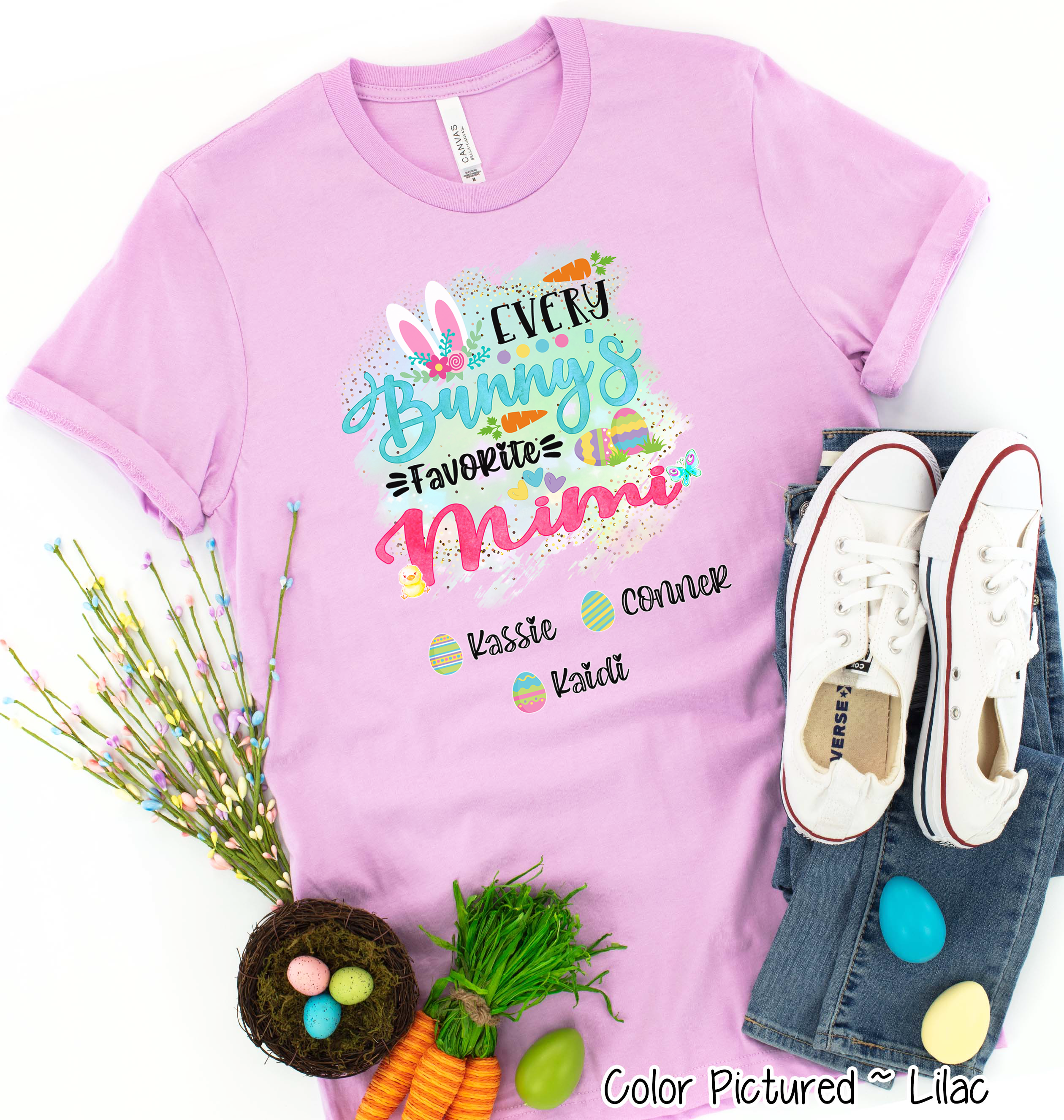 Personalized Shirt For Mimi Every Bunny's Favorite & Easter Eggs with Custom Grandkids Name Easter Day Tee