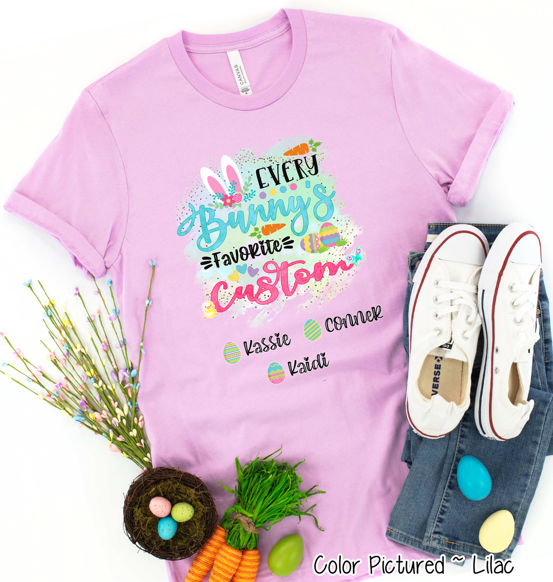 Personalized Shirt For YOUR CUSTOM TEXT Every Bunny's Favorite & Easter Eggs with Custom Grandkids Name Easter Day Tee