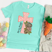 He Is Risen Pink Leopard Cross Easter Tee