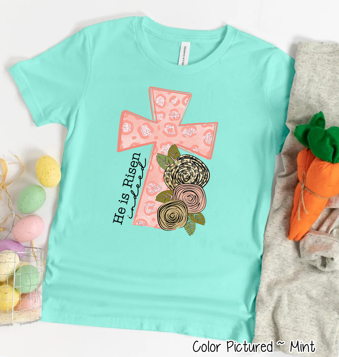 He Is Risen Pink Leopard Cross Easter Tee