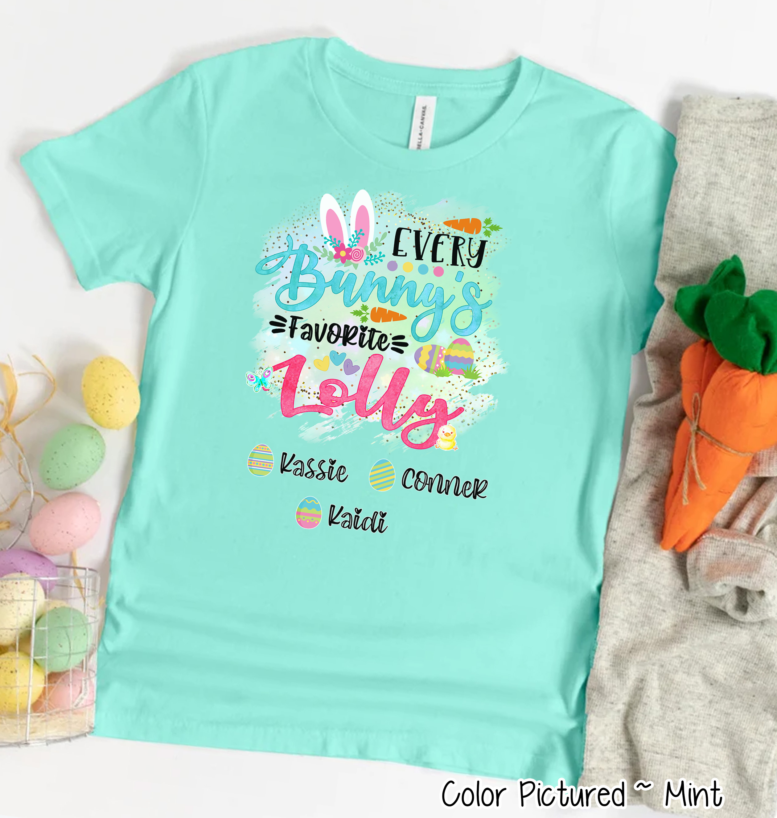 Personalized Shirt For Lolly Every Bunny's Favorite & Easter Eggs with Custom Grandkids Name Easter Day Tee