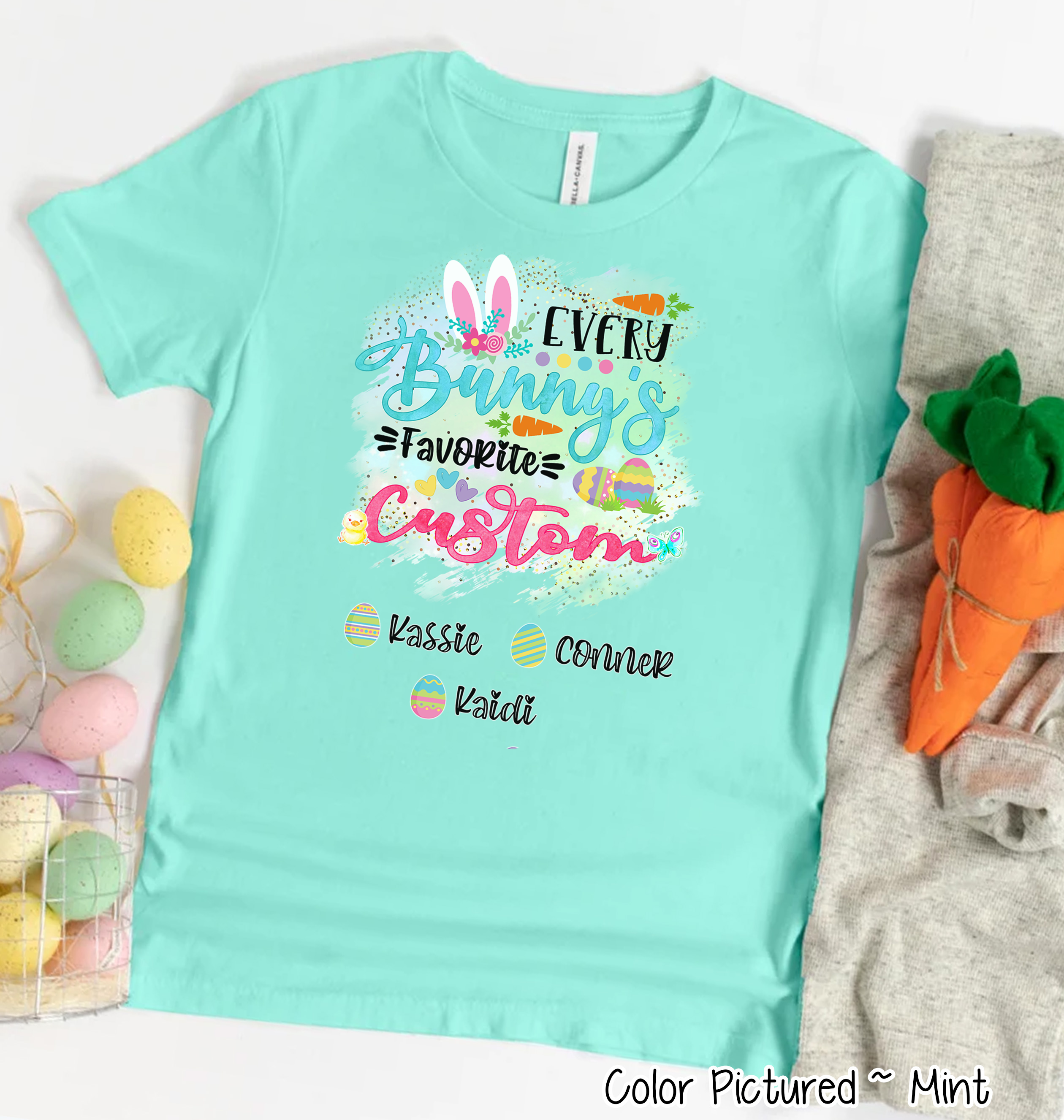 Personalized Shirt For YOUR CUSTOM TEXT Every Bunny's Favorite & Easter Eggs with Custom Grandkids Name Easter Day Tee