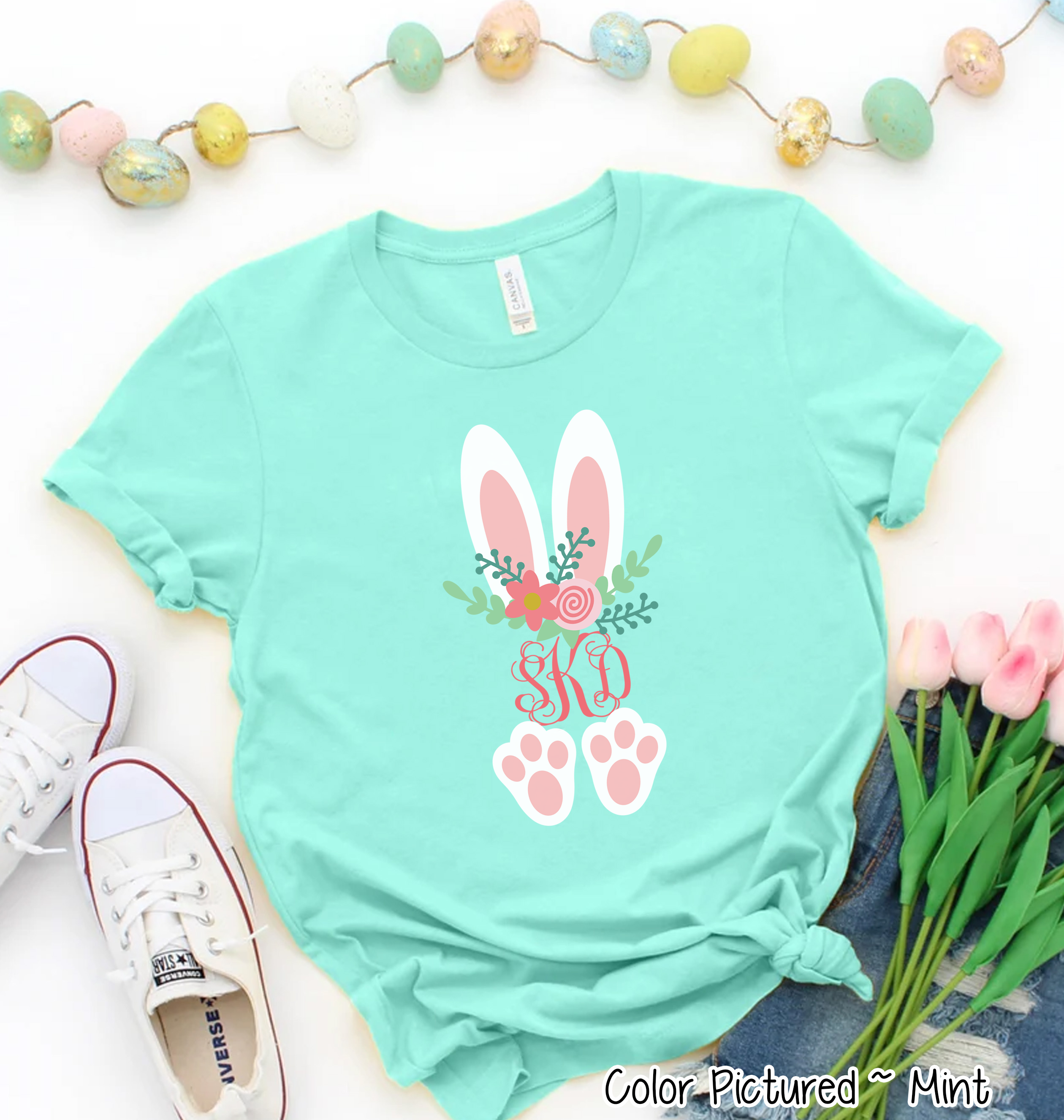 Monogram Floral Bunny Ears & Feet Easter Tee