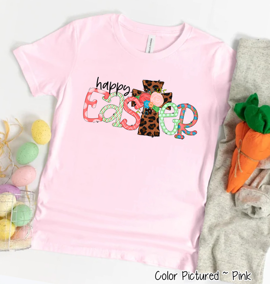 Happy Easter with Leopard Print Cross Tee