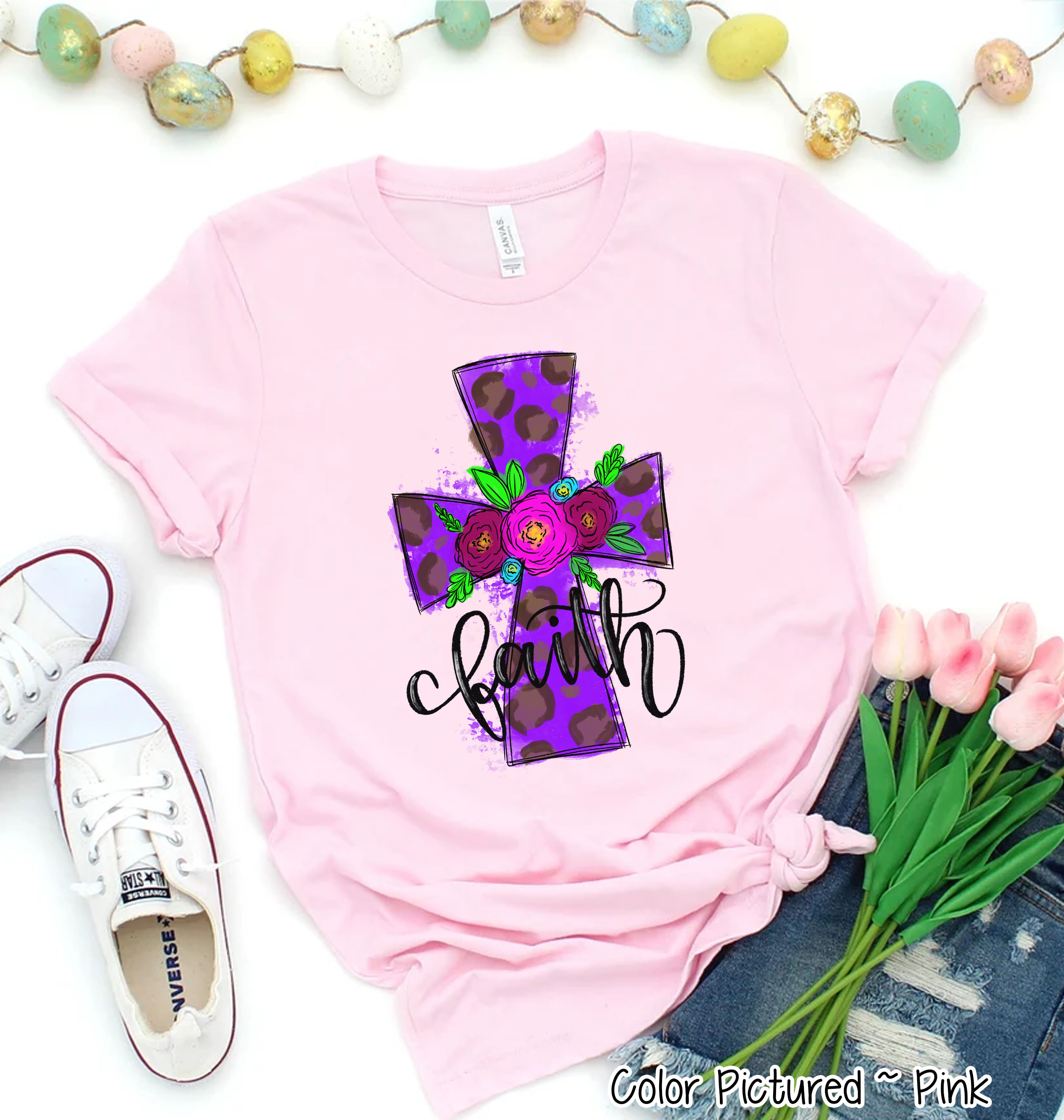 Purple Leopard Watercolor Faith Cross Easter Tee