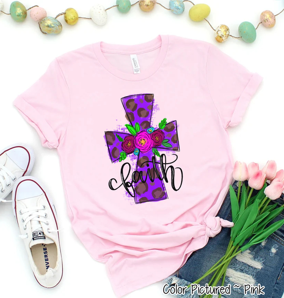 Purple Leopard Watercolor Faith Cross Easter Tee