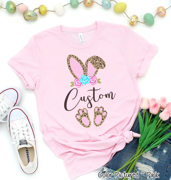 Cheetah Leopard Print Bunny Ears with Custom Name Easter Tee
