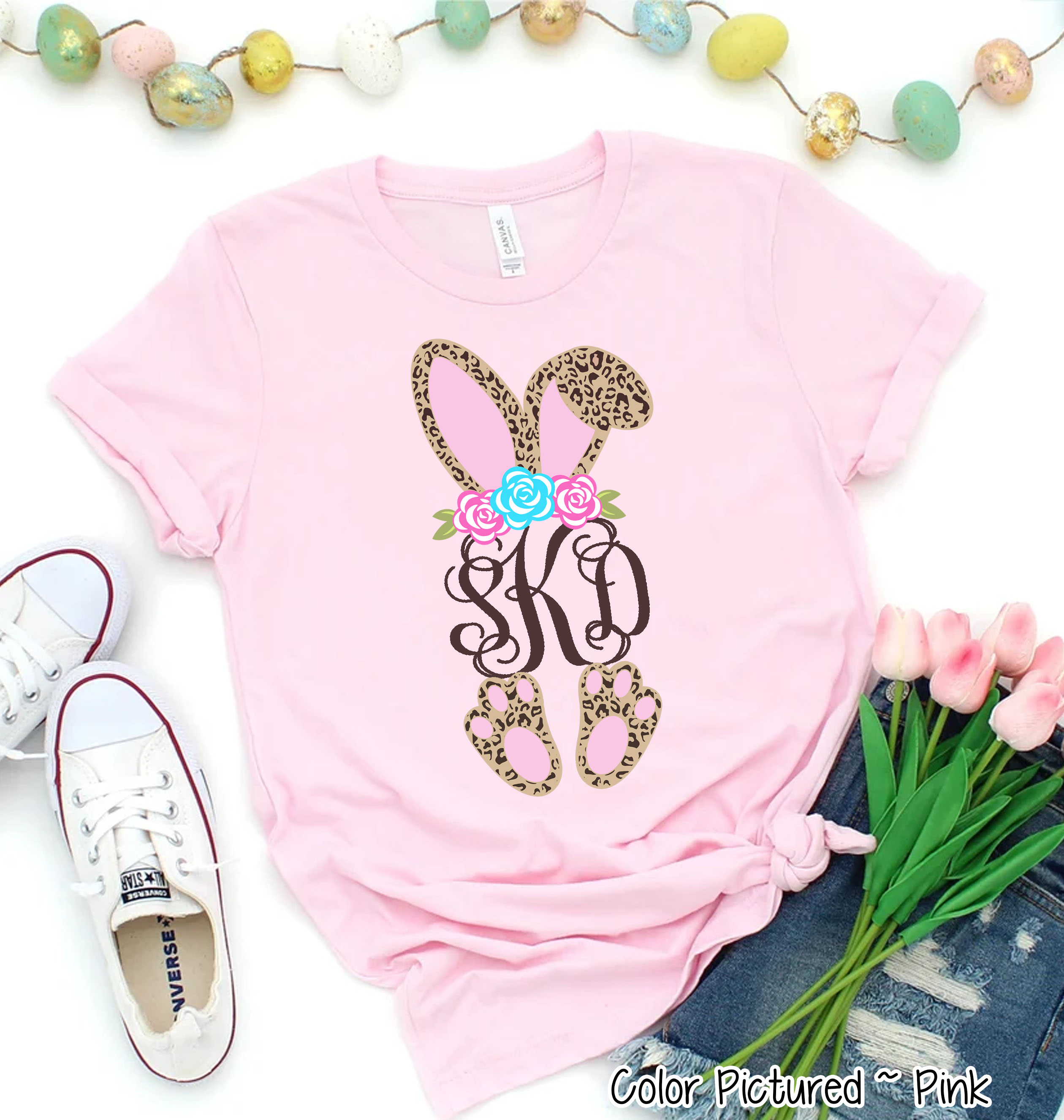 Monogram Cheetah Leopard Print Bunny Ears Easter Tee