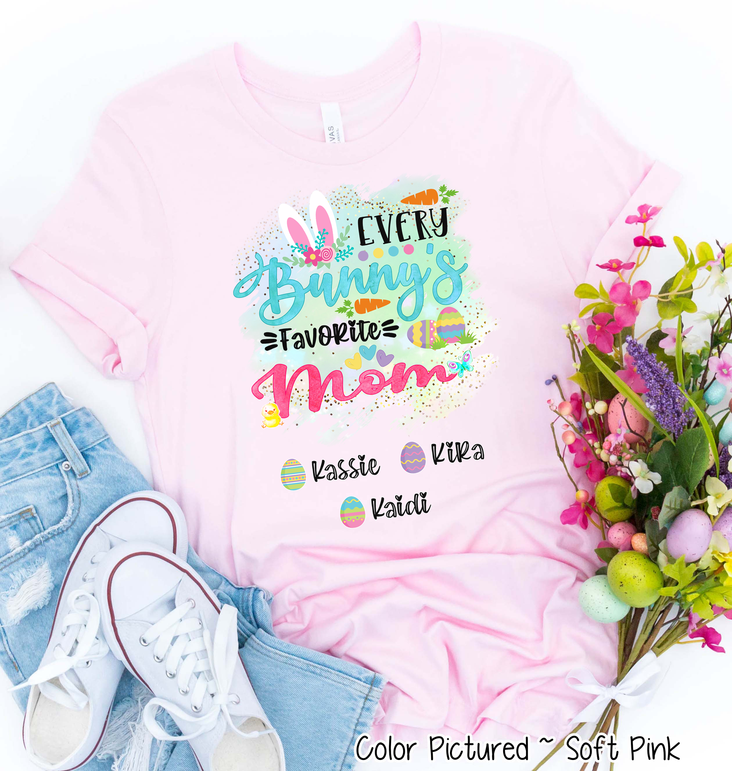 Personalized Shirt For Mom Every Bunny's Favorite & Easter Eggs with Custom Kids Name Easter Day Tee