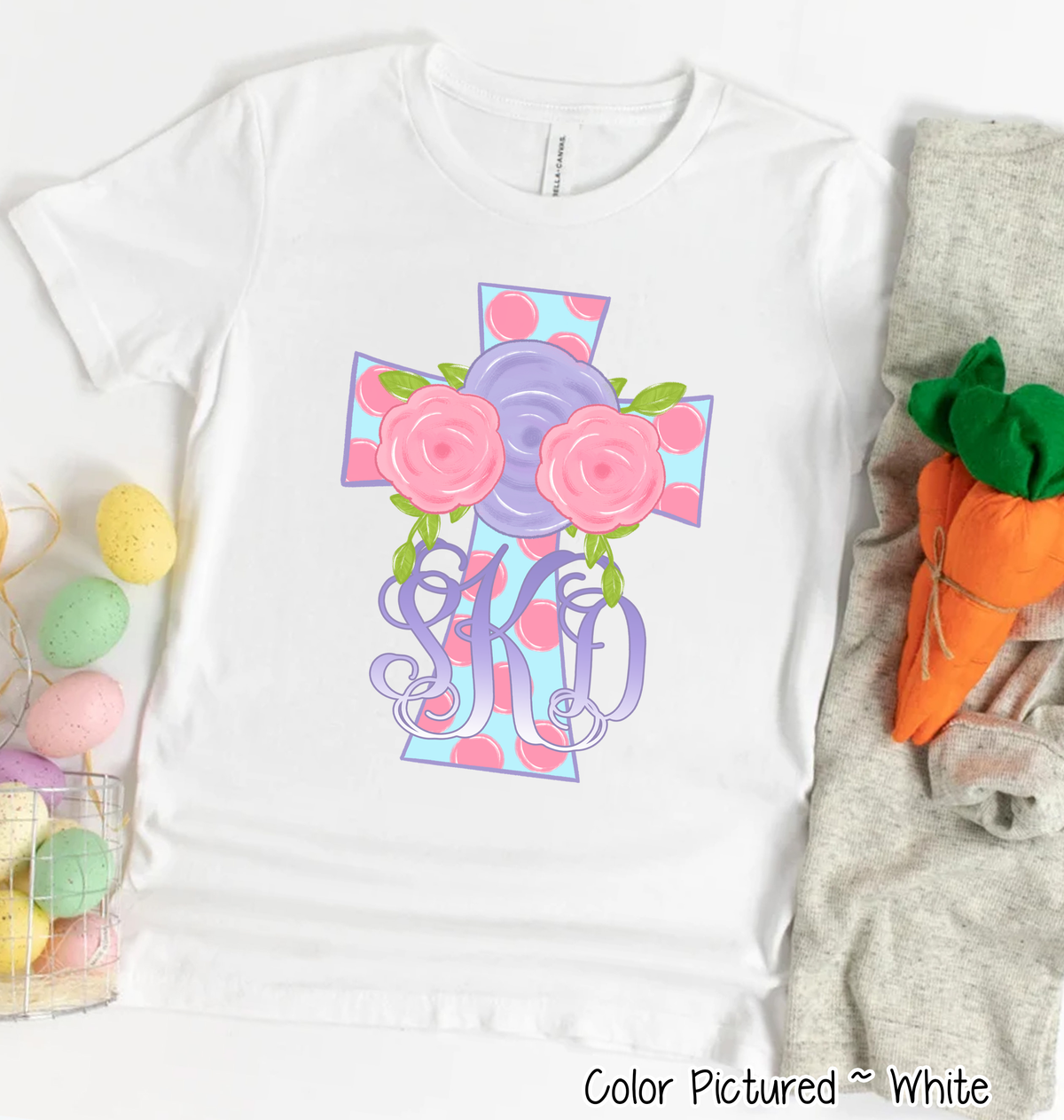 Monogram Pink Polka Dot Easter Cross Tee