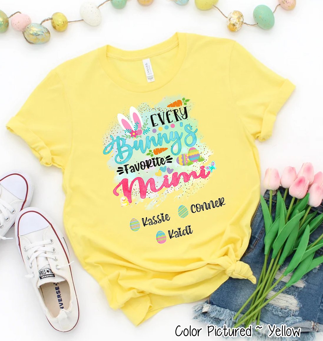Personalized Shirt For Mimi Every Bunny's Favorite & Easter Eggs with Custom Grandkids Name Easter Day Tee