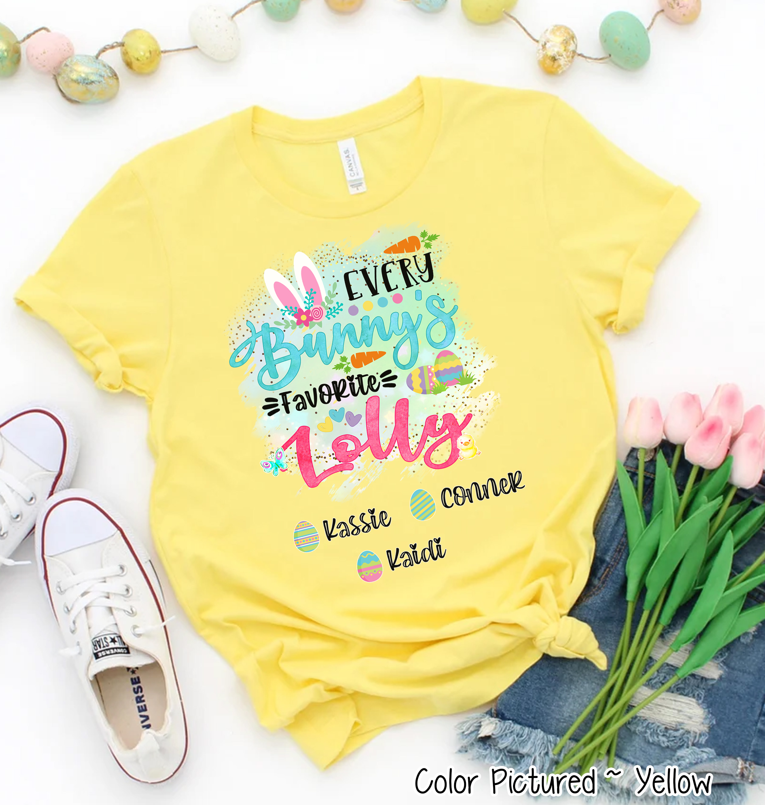 Personalized Shirt For Lolly Every Bunny's Favorite & Easter Eggs with Custom Grandkids Name Easter Day Tee