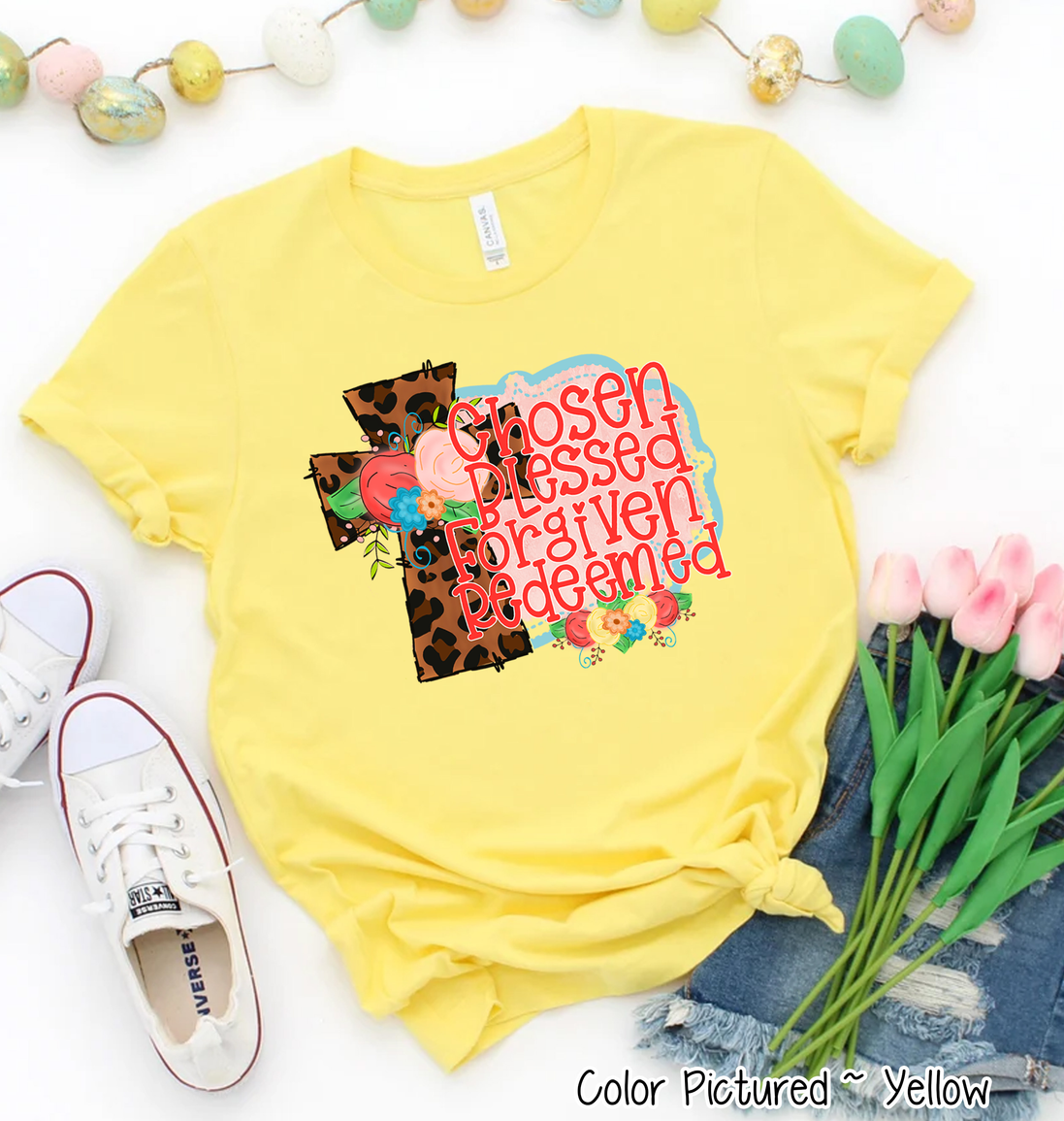Leopard Cross Chosen Blessed Forgiven Redeemed Tee
