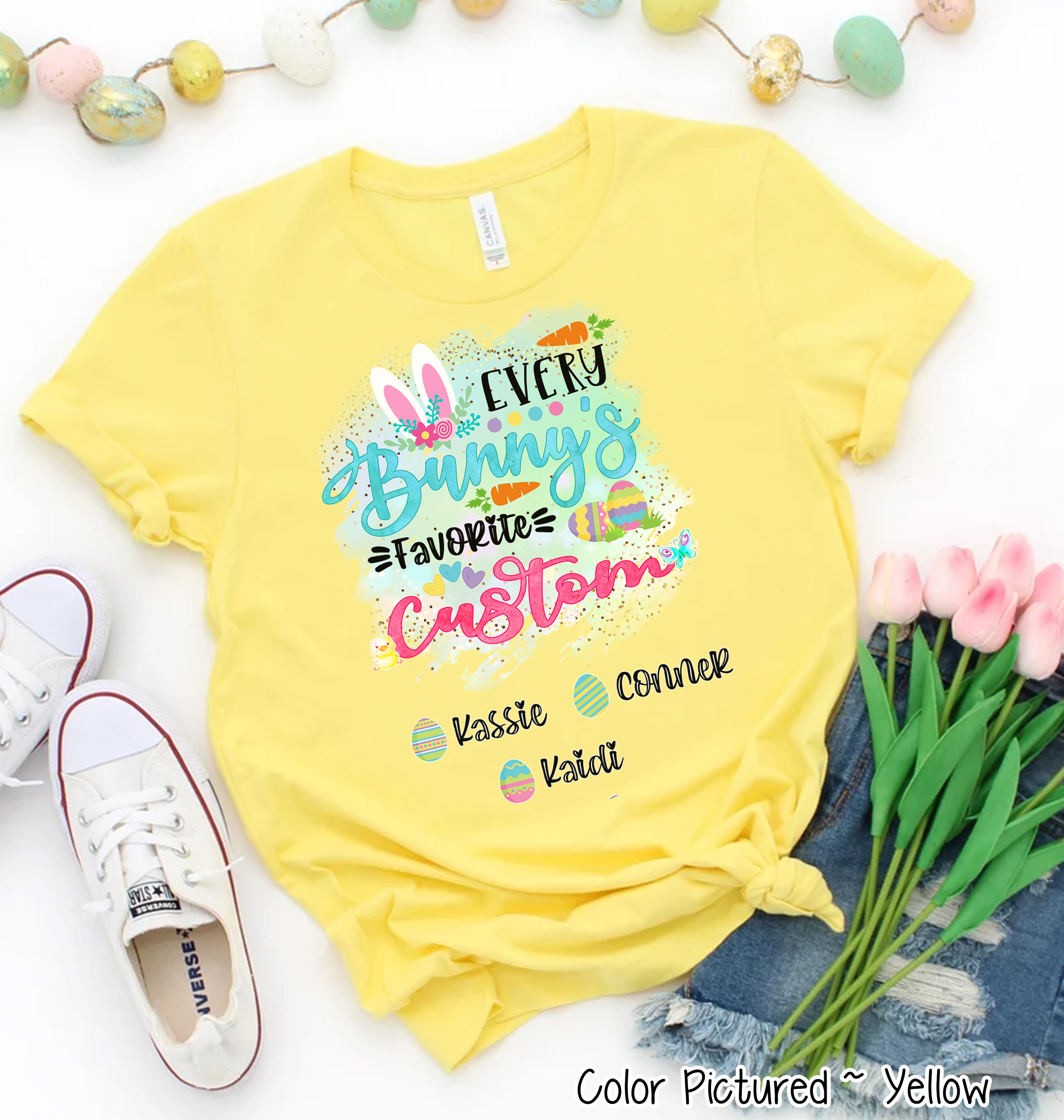 Personalized Shirt For YOUR CUSTOM TEXT Every Bunny's Favorite & Easter Eggs with Custom Grandkids Name Easter Day Tee