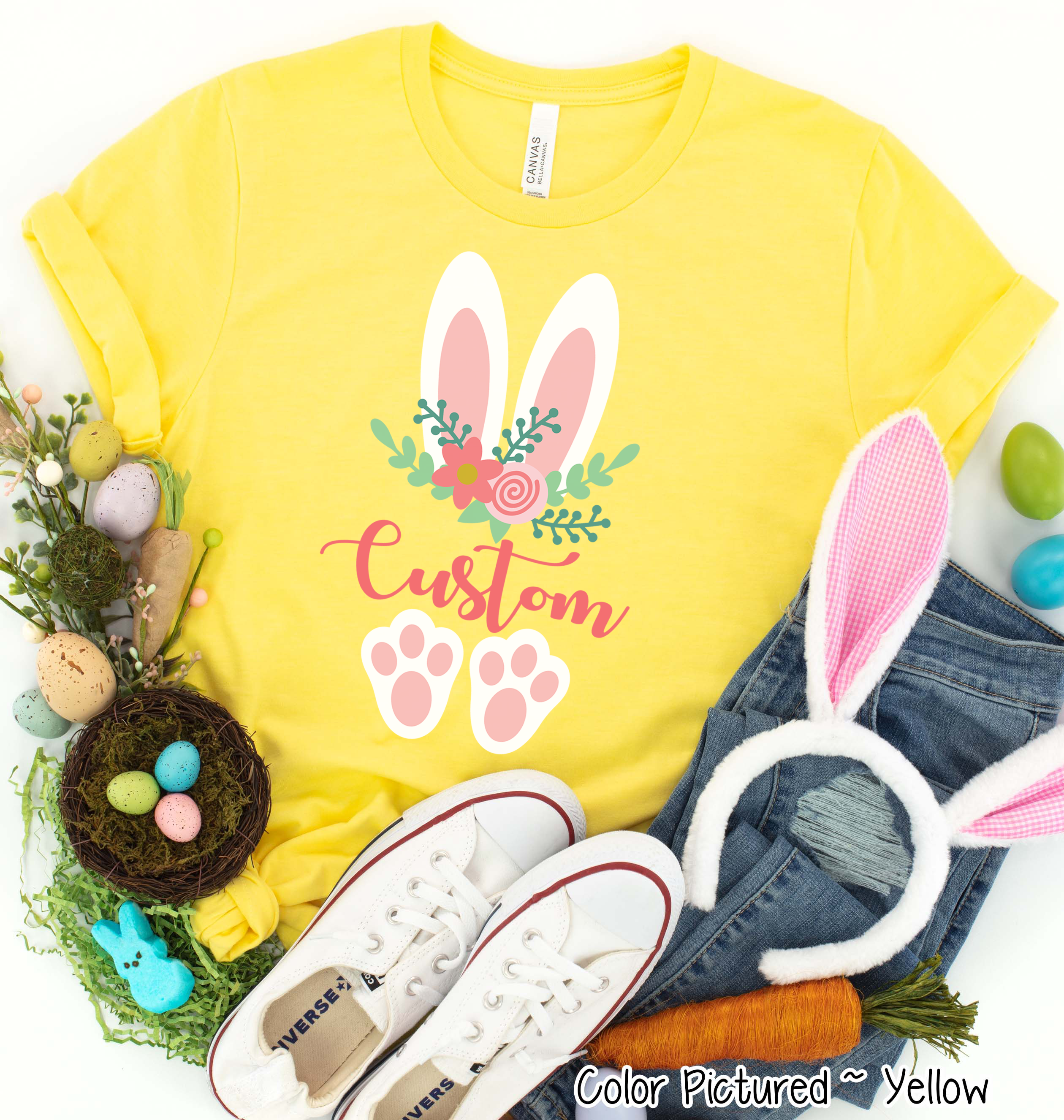 Floral Bunny Ears & Feet with Custom Name Easter Tee