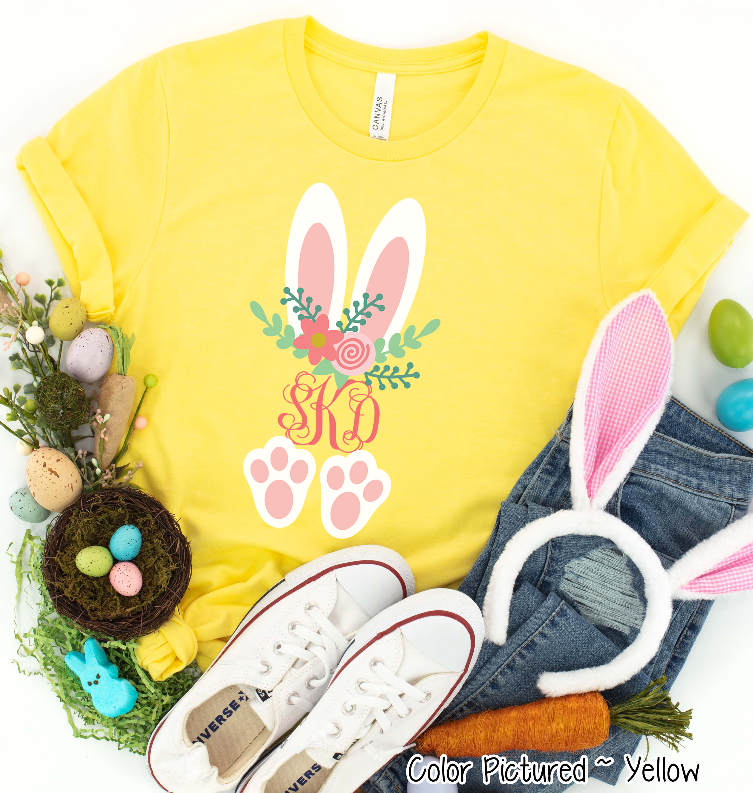 Monogram Floral Bunny Ears & Feet Easter Tee