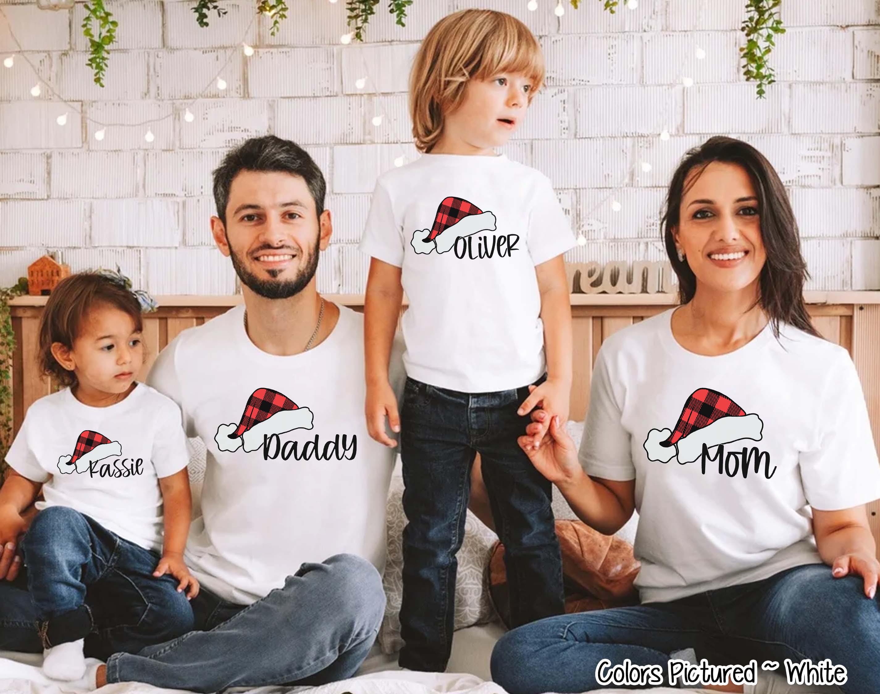 Personalized Family Matching Group Buffalo Plaid Santa Hat Tee