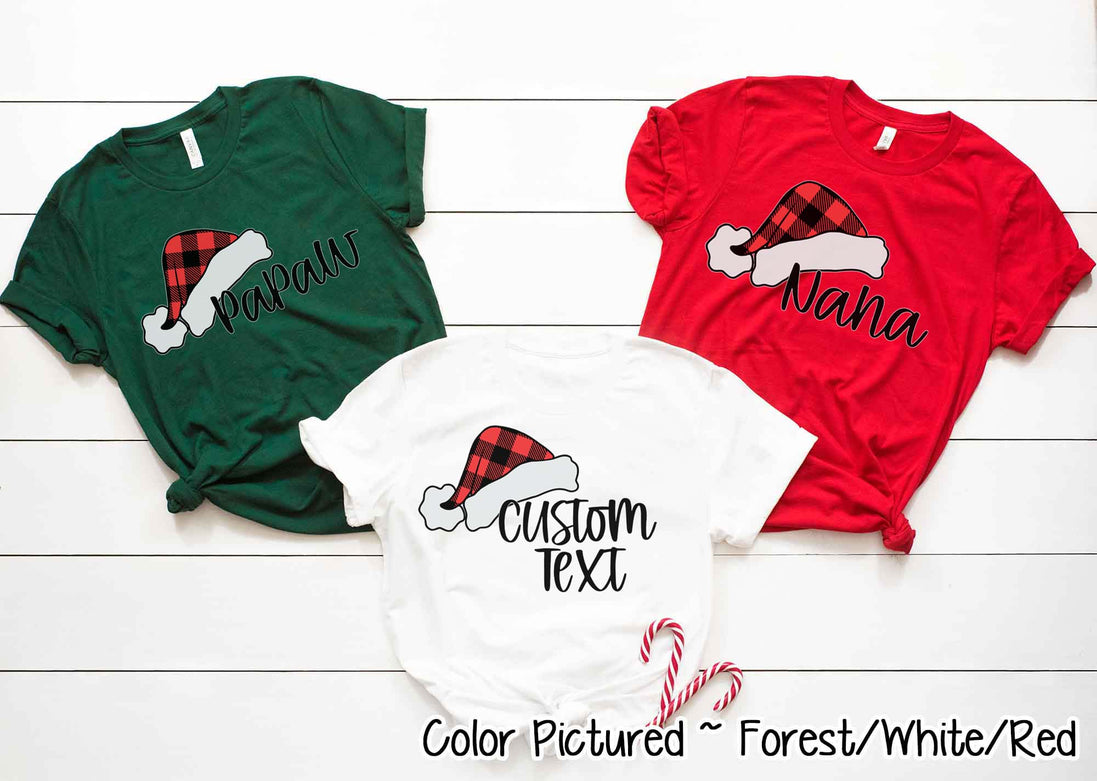 Personalized Family Matching Group Buffalo Plaid Santa Hat Tee