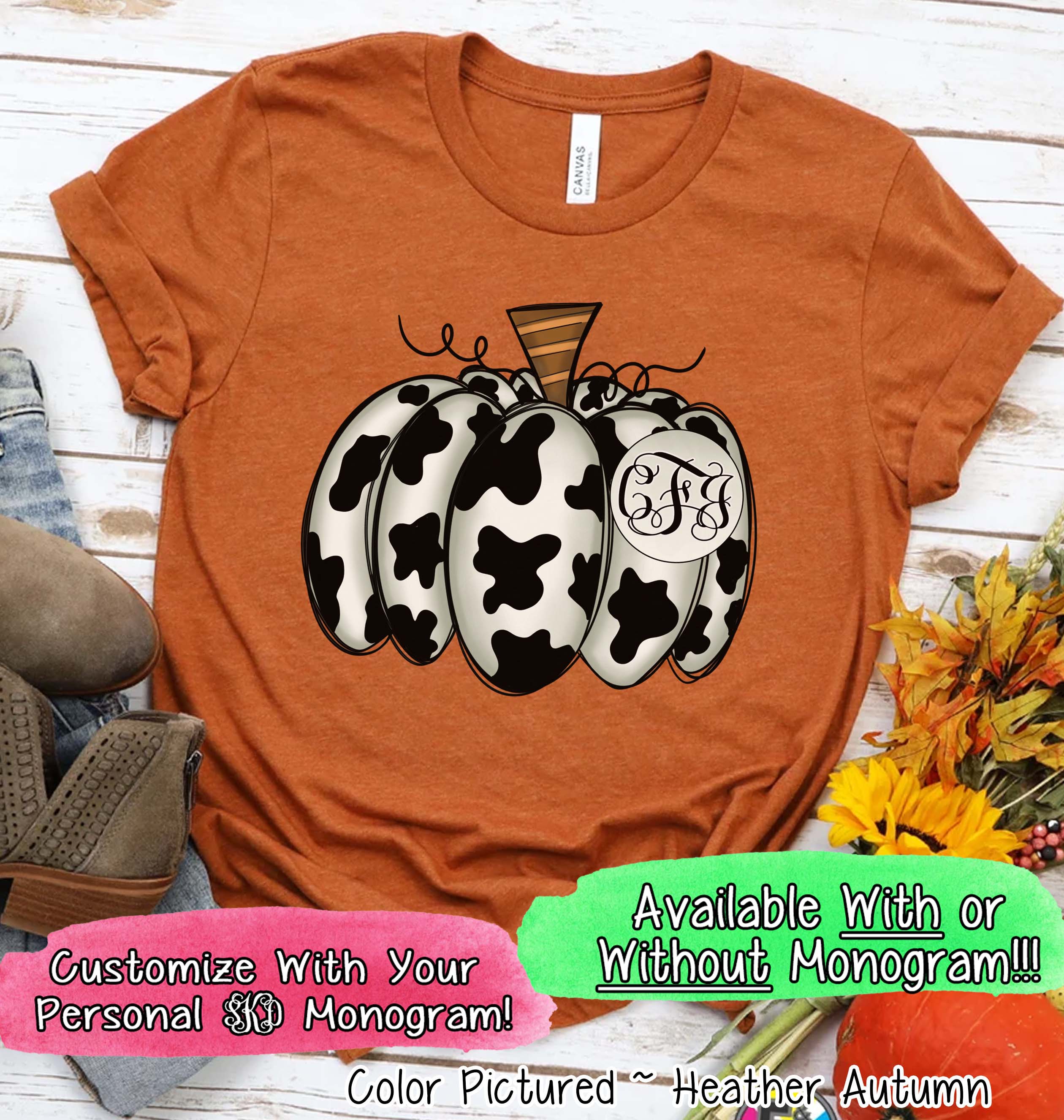 Monogram Cow Hide Pumpkin Fall Tee