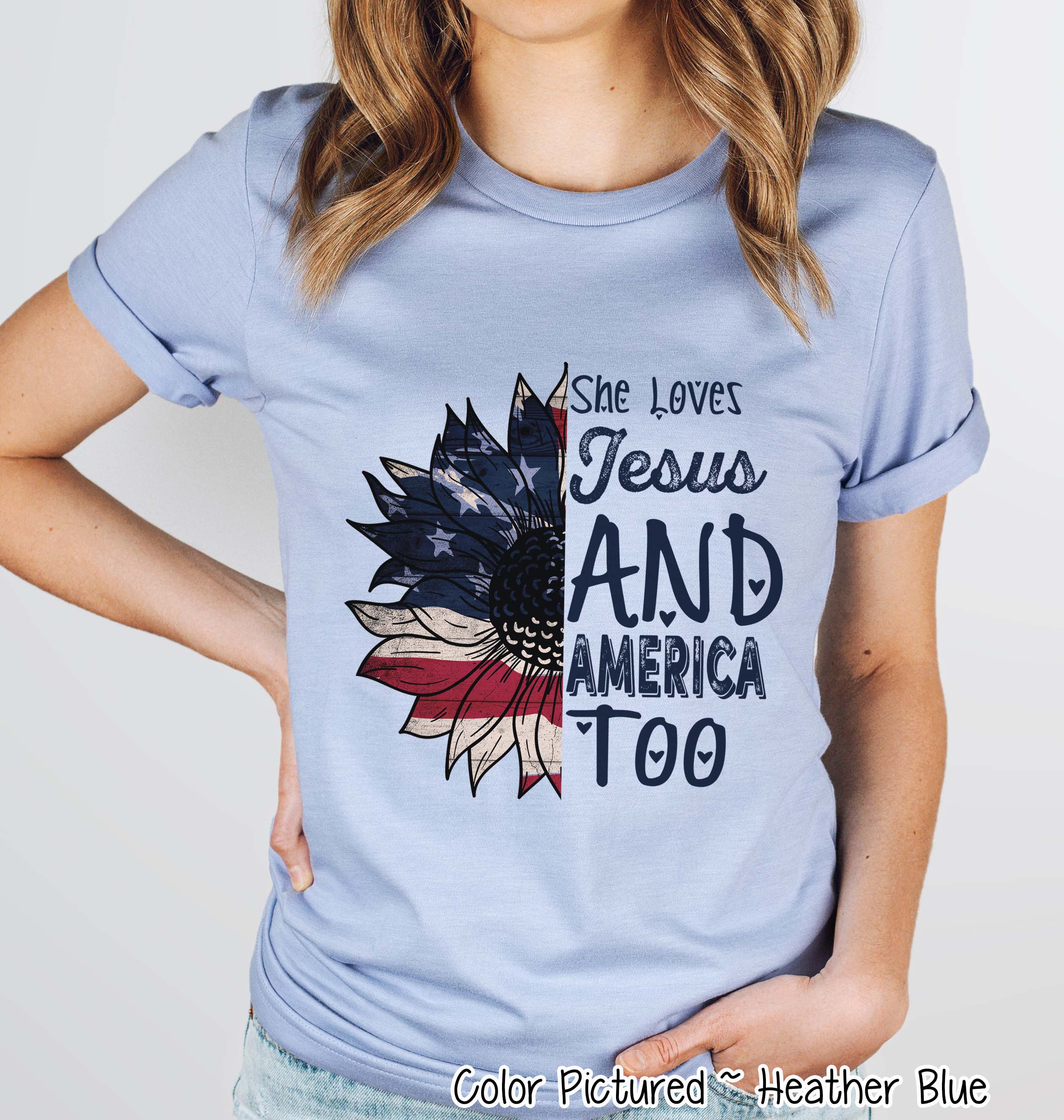 She Loves Jesus & America Too Patriotic Sunflower Tee