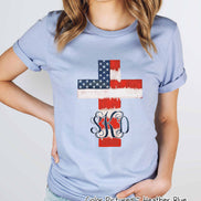 Watercolor American Flag Cross with Monogram Tee