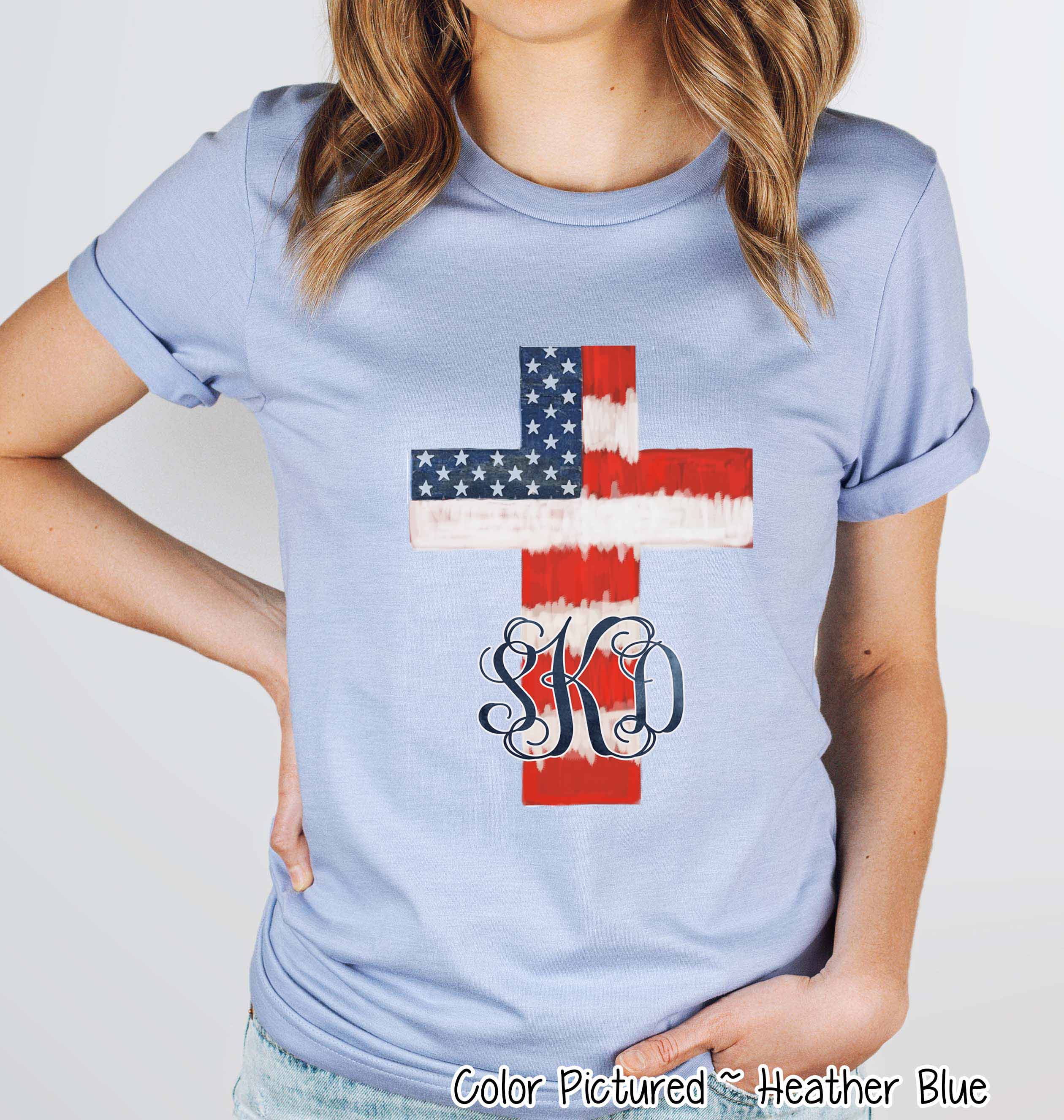 Watercolor American Flag Cross with Monogram Tee