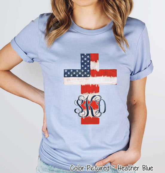 Watercolor American Flag Cross with Monogram Tee