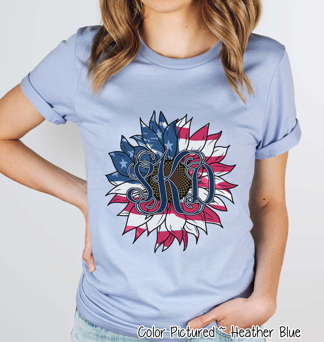 Patriotic Red White & Blue Sunflower Monogram Tee