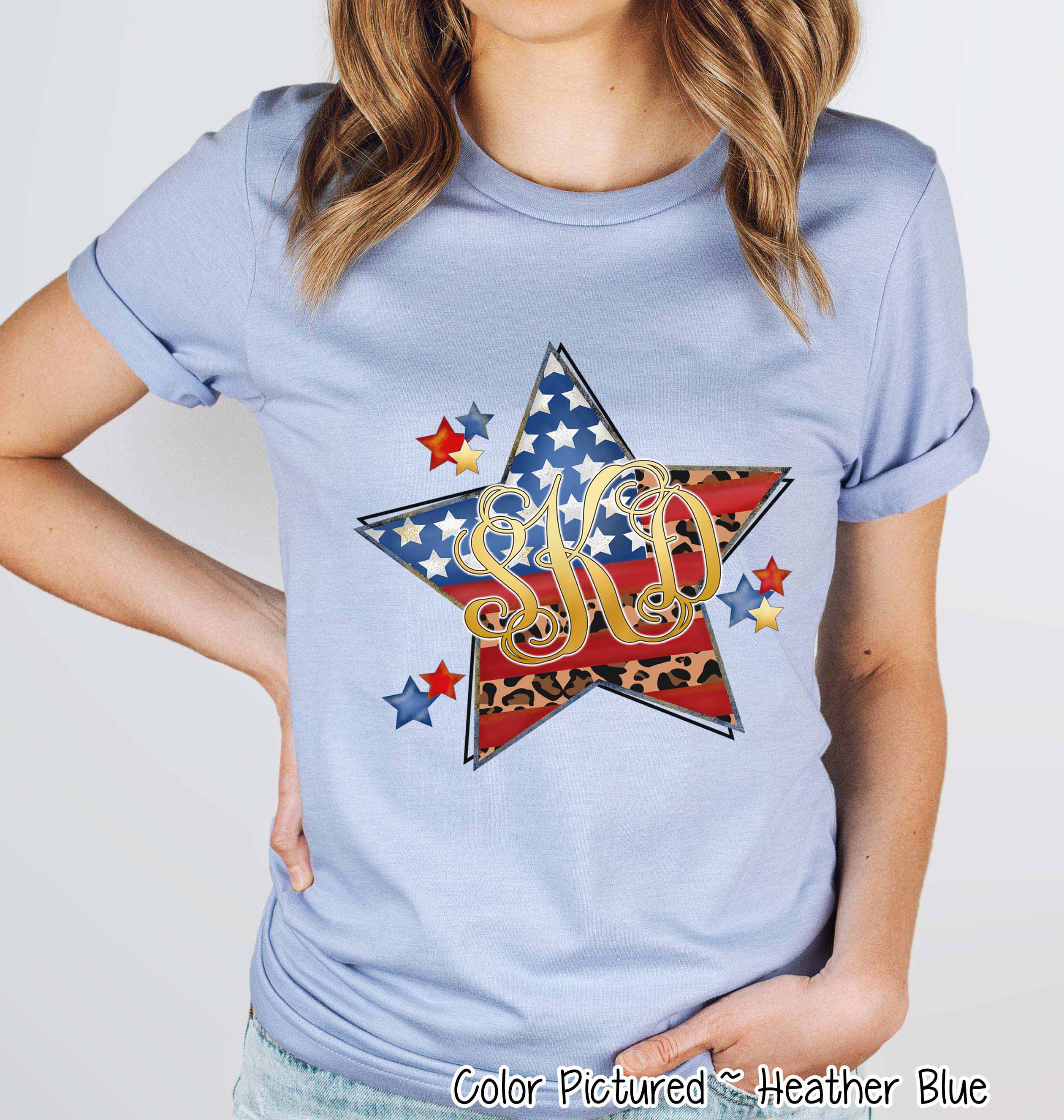 Patriotic Flag Star with Leopard Accents and Monogram Tee