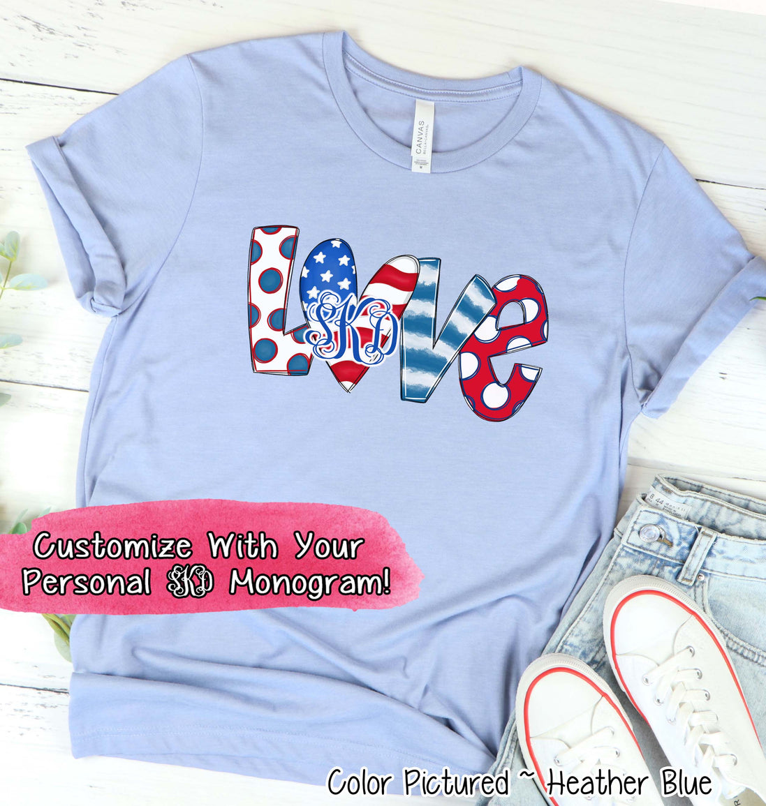 Patriotic LOVE with Flag Heart Monogram Tee