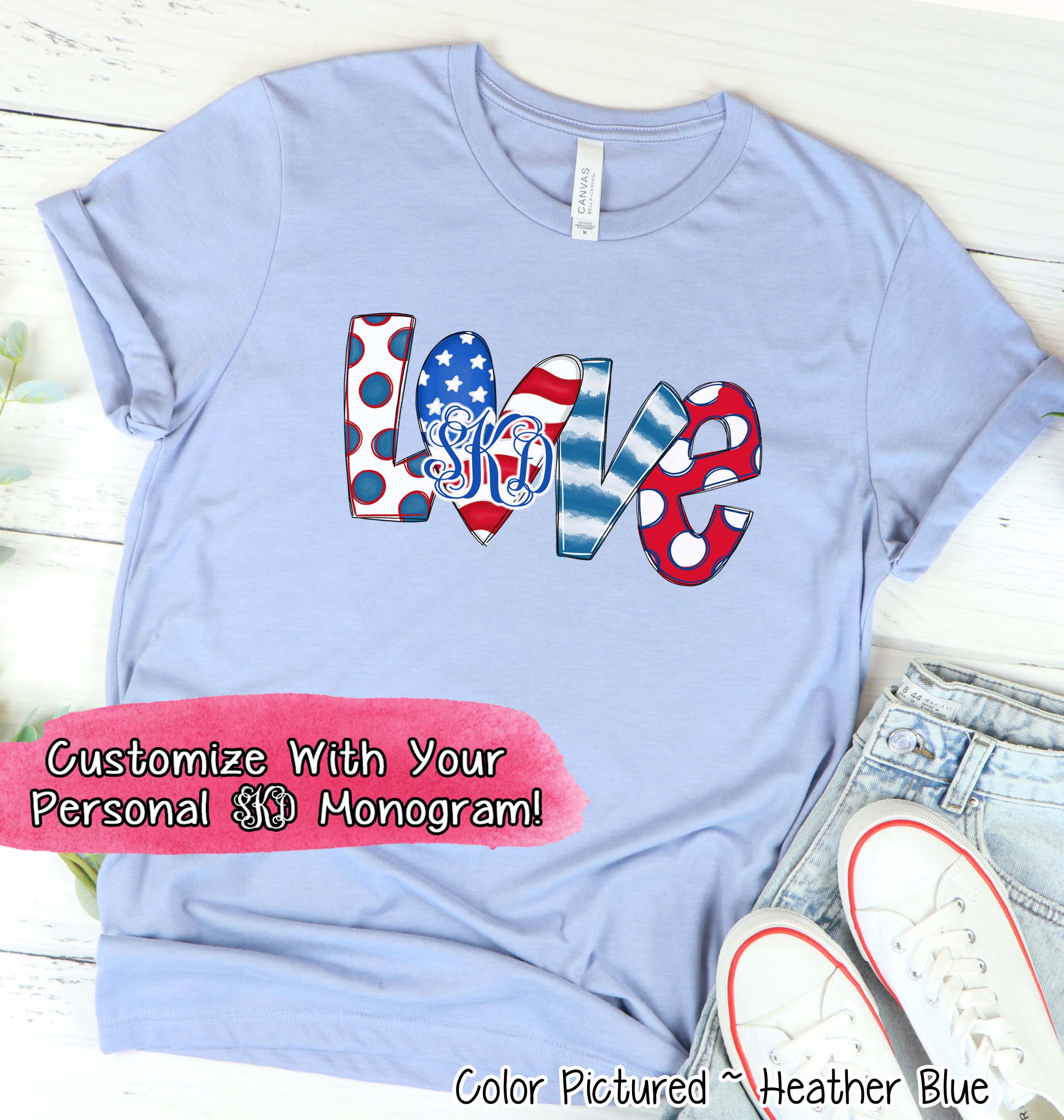 Patriotic LOVE with Flag Heart Monogram Tee