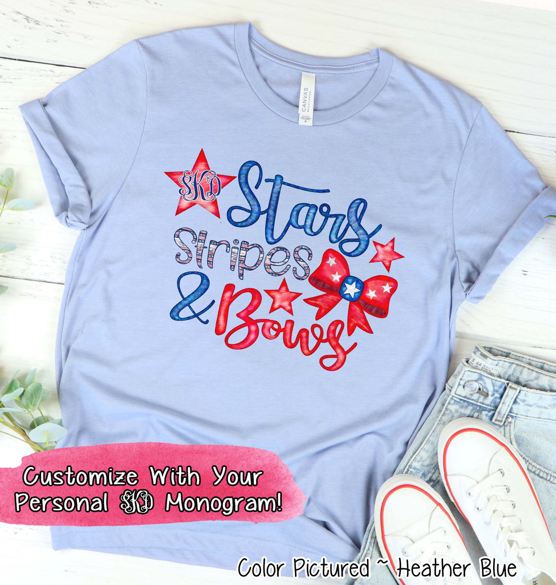 Patriotic Stars Stripes & Bows Monogram Tee