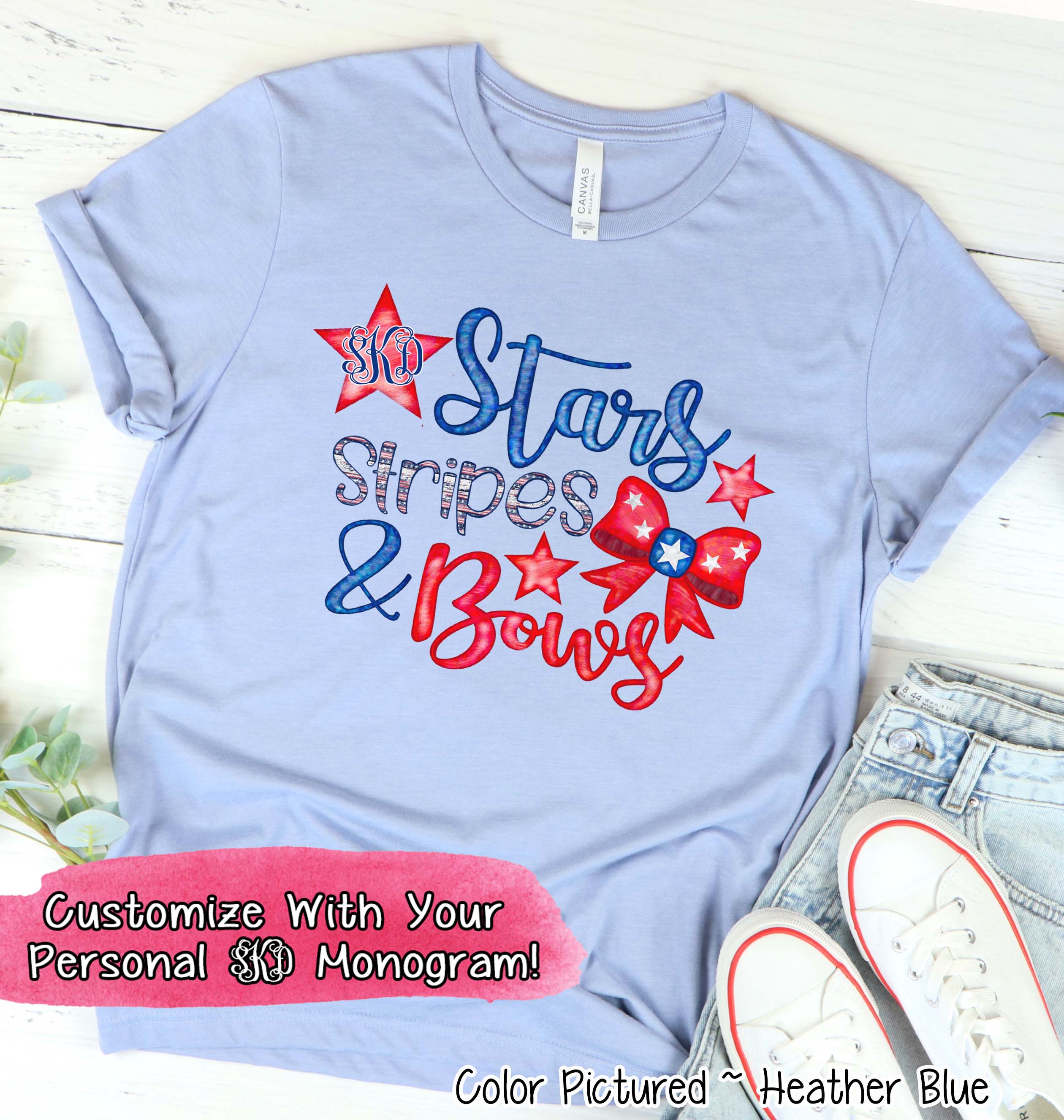 Patriotic Stars Stripes & Bows Monogram Tee