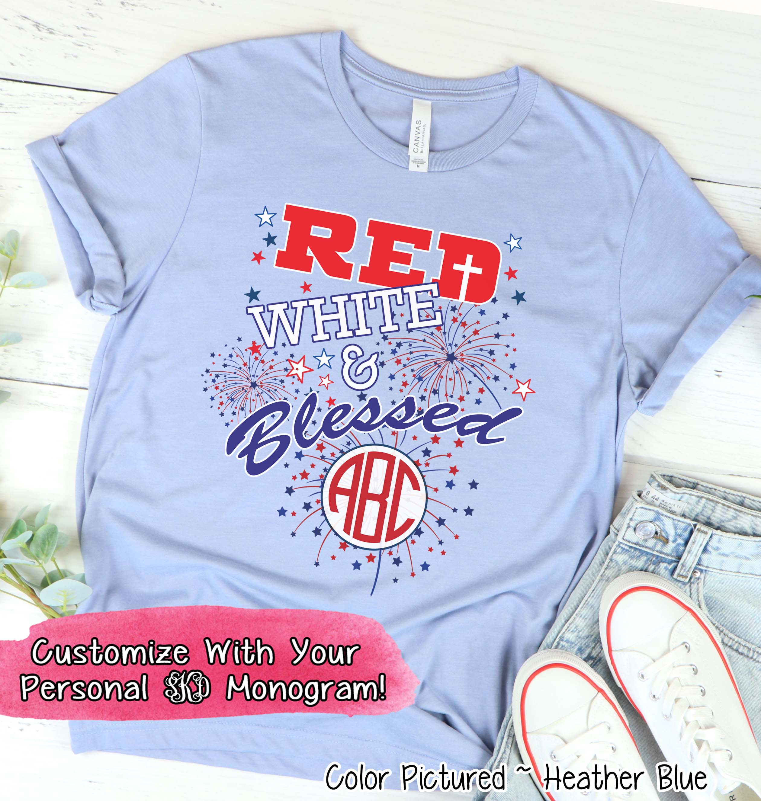 Red White and Blessed Monogram Tee